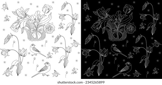 Art therapy coloring page. Coloring book antistress for children and adults. Birds and flowers hand drawn in vintage style . Ideal for those who want to feel more connected to nature.
