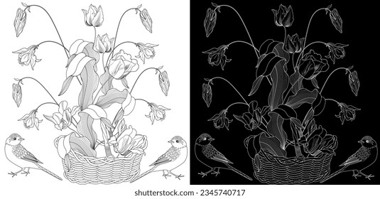 Art therapy coloring page. Coloring book antistress for children and adults. Birds and flowers hand drawn in vintage style . Ideal for those who want to feel more connected to nature.
