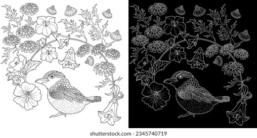 Art therapy coloring page. Coloring book antistress for children and adults. Birds and flowers hand drawn in vintage style . Ideal for those who want to feel more connected to nature.
