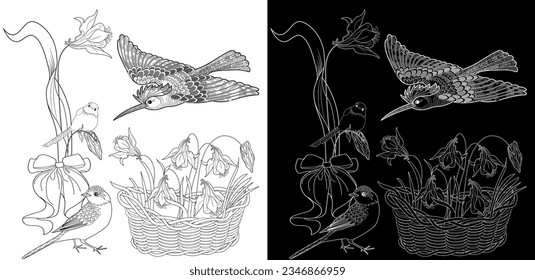 Art therapy coloring page. Coloring book antistress for children and adults. Birds and flowers hand drawn in vintage style . Ideal for those who want to feel more connected to nature.
