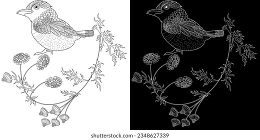 Art therapy coloring page. Coloring book antistress for children and adults. Birds and flowers hand drawn in vintage style . Ideal for those who want to feel more connected to nature.
