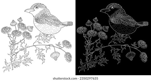 Art therapy coloring page. Coloring book antistress for children and adults. Birds and flowers hand drawn in vintage style . Ideal for those who want to feel more connected to nature.
