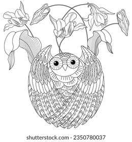 Art therapy coloring page. Coloring book antistress for children and adults. Owl and flowers hand drawn in vintage style . Ideal for those who want to feel more connected to nature.
