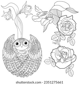 Art therapy coloring page. Coloring book antistress for children and adults. Owl and flowers hand drawn in vintage style . Ideal for those who want to feel more connected to nature.
