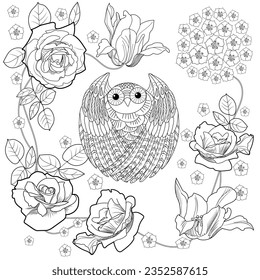 Art therapy coloring page. Coloring book antistress for children and adults. Owl and flowers hand drawn in vintage style . Ideal for those who want to feel more connected to nature.
