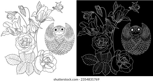 Art therapy coloring page. Coloring book antistress for children and adults. Birds and flowers hand drawn in vintage style . Ideal for those who want to feel more connected to nature.
