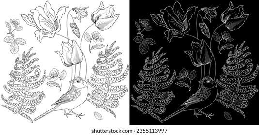 Art therapy coloring page. Coloring book antistress for children and adults. Birds and flowers hand drawn in vintage style . Ideal for those who want to feel more connected to nature.
