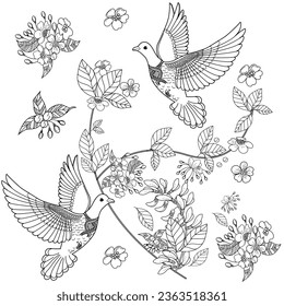 Art therapy coloring page. Coloring book antistress for children and adults. Birds and flowers hand drawn in vintage style . Ideal for those who want to feel more connected to nature.
