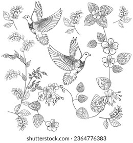Art therapy coloring page. Coloring book antistress for children and adults. Birds and flowers hand drawn in vintage style . Ideal for those who want to feel more connected to nature.
