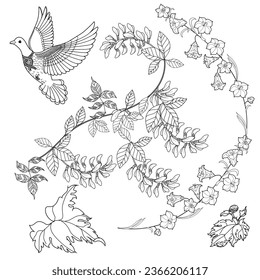 Art therapy coloring page. Coloring book antistress for children and adults. Birds and flowers hand drawn in vintage style . Ideal for those who want to feel more connected to nature.
