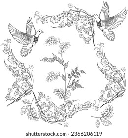 Art therapy coloring page. Coloring book antistress for children and adults. Birds and flowers hand drawn in vintage style . Ideal for those who want to feel more connected to nature.
