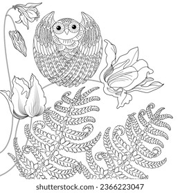 Art therapy coloring page. Coloring book antistress for children and adults. Birds and flowers hand drawn in vintage style . Ideal for those who want to feel more connected to nature.

