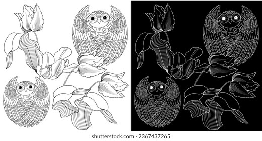Art therapy coloring page. Coloring book antistress for children and adults. Birds and flowers hand drawn in vintage style . Ideal for those who want to feel more connected to nature.
