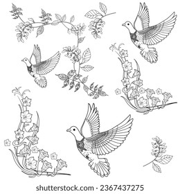 Art therapy coloring page. Coloring book antistress for children and adults. Birds and flowers hand drawn in vintage style . Ideal for those who want to feel more connected to nature.
