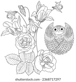 Art therapy coloring page. Coloring book antistress for children and adults. Birds and flowers hand drawn in vintage style . Ideal for those who want to feel more connected to nature.
