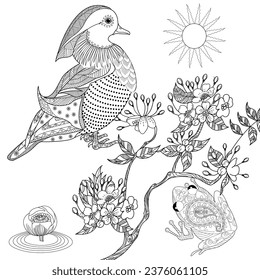 Art therapy coloring page. Coloring Book for adults and children. Colouring pictures with duck. Linear engraved art. Antistress freehand sketch drawing.
