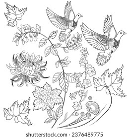 Art therapy coloring page. Coloring book antistress for children and adults. Birds and flowers hand drawn in vintage style . Ideal for those who want to feel more connected to nature.
