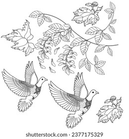 Página de coloreo de la terapia artística. Antiestrés en libros de colores para niños y adultos. Aves y flores dibujadas a mano en un estilo vintage. Ideal para los que quieren sentirse más conectados con la naturaleza.
