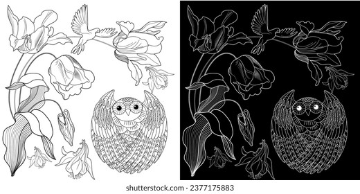 Art therapy coloring page. Coloring book antistress for children and adults. Birds and flowers hand drawn in vintage style . Ideal for those who want to feel more connected to nature.
