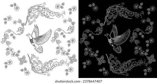 Art therapy coloring page. Coloring book antistress for children and adults. Birds and flowers hand drawn in vintage style . Ideal for those who want to feel more connected to nature.
