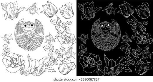 Art therapy coloring page. Coloring book antistress for children and adults. Birds and flowers hand drawn in vintage style . Ideal for those who want to feel more connected to nature.
