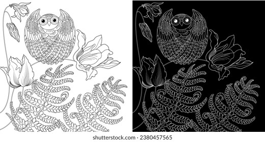 Art therapy coloring page. Coloring book antistress for children and adults. Birds and flowers hand drawn in vintage style . Ideal for those who want to feel more connected to nature.
