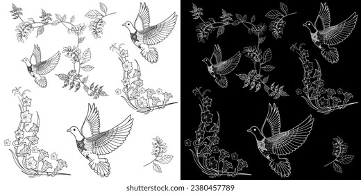 Art therapy coloring page. Coloring book antistress for children and adults. Birds and flowers hand drawn in vintage style . Ideal for those who want to feel more connected to nature.
