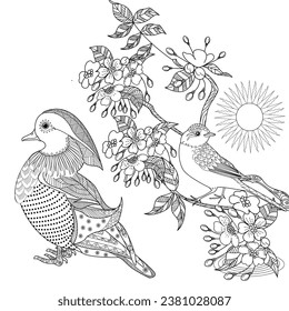 Art therapy coloring page. Coloring Book for adults and children. Colouring pictures with duck. Linear engraved art. Antistress freehand sketch drawing.
