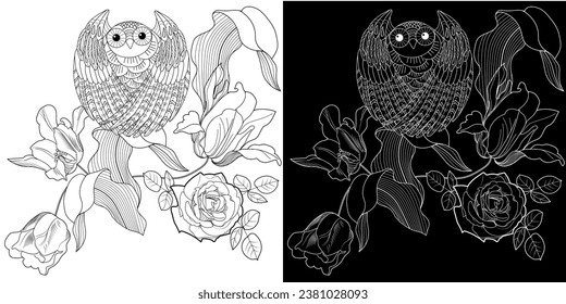 Art therapy coloring page. Coloring book antistress for children and adults. Birds and flowers hand drawn in vintage style . Ideal for those who want to feel more connected to nature.
