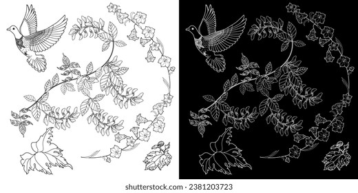 Art therapy coloring page. Coloring book antistress for children and adults. Birds and flowers hand drawn in vintage style . Ideal for those who want to feel more connected to nature.
