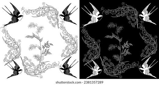 Art therapy coloring page. Coloring book antistress for children and adults. Birds and flowers hand drawn in vintage style . Ideal for those who want to feel more connected to nature.
