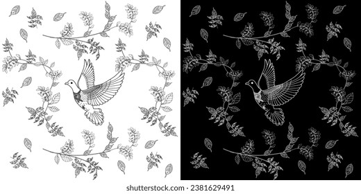 Art therapy coloring page. Coloring book antistress for children and adults. Birds and flowers hand drawn in vintage style . Ideal for those who want to feel more connected to nature.
