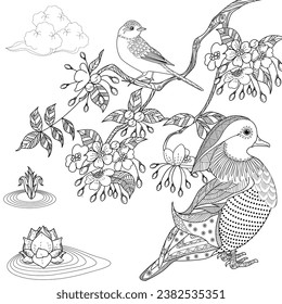Art therapy coloring page. Coloring Book for adults and children. Colouring pictures with duck. Linear engraved art. Antistress freehand sketch drawing.
