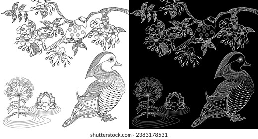 Art therapy coloring page. Coloring Book for adults and children. Colouring pictures with duck. Linear engraved art. Antistress freehand sketch drawing.
