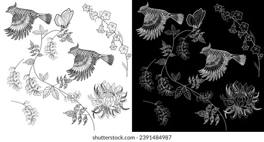 Art therapy coloring page. Coloring book antistress for children and adults. Birds and flowers hand drawn in vintage style . Ideal for those who want to feel more connected to nature.