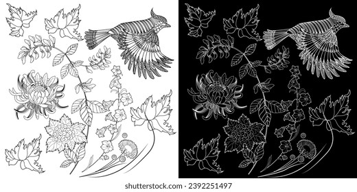 Art therapy coloring page. Coloring book antistress for children and adults. Birds and flowers hand drawn in vintage style . Ideal for those who want to feel more connected to nature.
