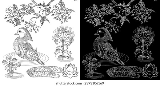 Art therapy coloring page. Coloring Book for adults and children. Colouring pictures with duck. Linear engraved art. Antistress freehand sketch drawing.
