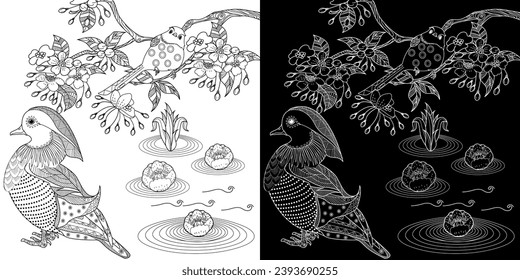 Art therapy coloring page. Coloring Book for adults and children. Colouring pictures with duck. Linear engraved art. Antistress freehand sketch drawing.
