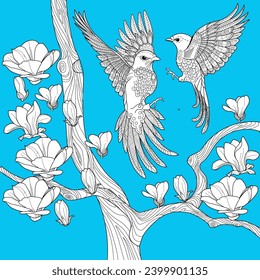 Art therapy coloring page. Coloring book antistress for children and adults. Birds and flowers hand drawn in vintage style . Ideal for those who want to feel more connected to nature.
