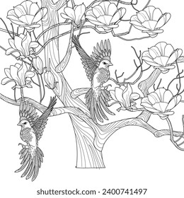 Art therapy coloring page. Coloring book antistress for children and adults. Birds and flowers hand drawn in vintage style . Ideal for those who want to feel more connected to nature.

