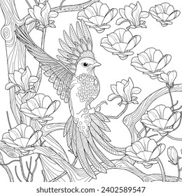 Art therapy coloring page. Coloring book antistress for children and adults. Birds and flowers hand drawn in vintage style . Ideal for those who want to feel more connected to nature.
