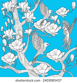 Art therapy coloring page. Coloring book for adults. Coloring pictures with birds on a tree. Anti-stress freehand drawing with doodle and zentangle elements.
