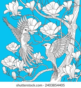 Art therapy coloring page. Coloring book for adults. Coloring pictures with birds on a tree. Anti-stress freehand drawing with doodle and zentangle elements.
