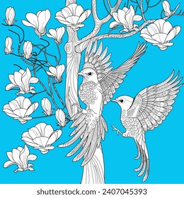 Art therapy coloring page. Coloring book for adults. Coloring pictures with birds on a tree. Anti-stress freehand drawing with doodle and zentangle elements.
