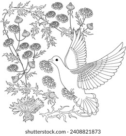 Art therapy coloring page. Coloring book antistress for children and adults. Birds and Flowers Daisies hand drawn in vintage style . Ideal for those who want to feel more connected to nature.
