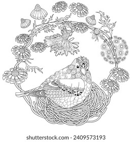 Art therapy coloring page. Coloring book antistress for children and adults. Birds and Flowers Daisies hand drawn in vintage style . Ideal for those who want to feel more connected to nature.
