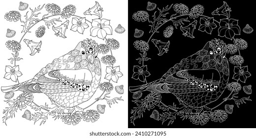 Art therapy coloring page. Coloring book antistress for children and adults. Birds and Flowers Daisies hand drawn in vintage style . Ideal for those who want to feel more connected to nature.
