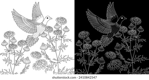 Art therapy coloring page. Coloring book antistress for children and adults. Birds and Flowers Daisies hand drawn in vintage style . Ideal for those who want to feel more connected to nature.
