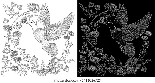 Art therapy coloring page. Coloring book antistress for children and adults. Birds and Flowers Daisies hand drawn in vintage style . Ideal for those who want to feel more connected to nature.
