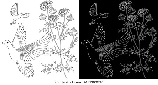 Art therapy coloring page. Coloring book antistress for children and adults. Birds and Flowers Daisies hand drawn in vintage style . Ideal for those who want to feel more connected to nature.
